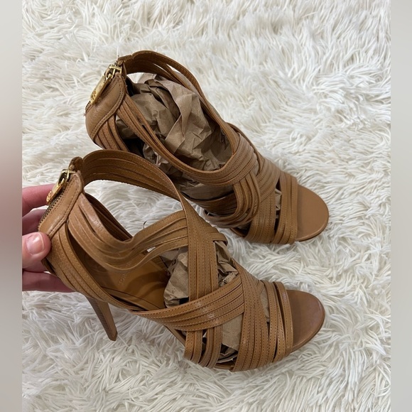 Tory Burch Shoes - TORY BURCH Liv Crisscross Tan Leather Sandal Heels - Size 10 - NWT